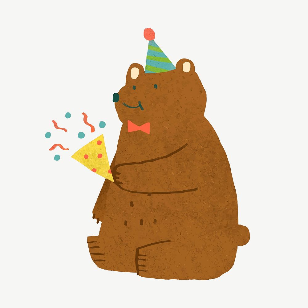 Cute birthday clipart, bear illustration, collage element psd
