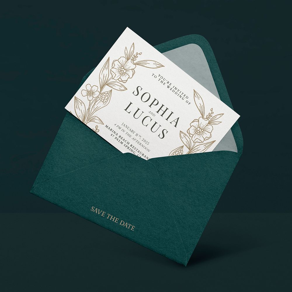 Wedding card & envelope mockup, botanical design psd