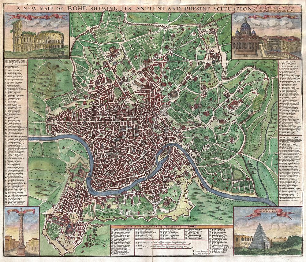A radiant full color example of John Sennex's 1721 map of Rome. Covers the entire and part of the surrouding countryside.…