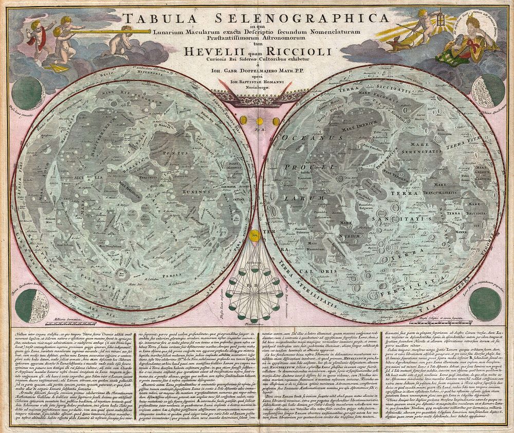 A stunning full color example of J. B. Homann and Johann Gabriel Doppelmayr’s important c. 1742 map of the Moon. Essentially…