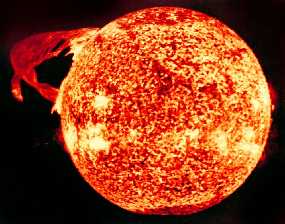This photograph of the Sun, taken on December 19, 1973, during the third and final manned Skylab mission, shows one of the…