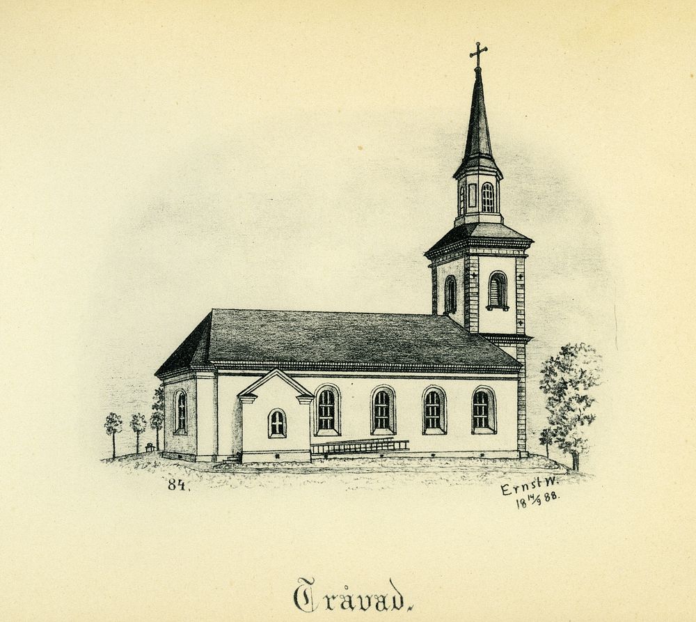 Tråvads kyrka år 1888 i Laske härad, Skara stift, Västergötland, Sverige. Teckning av Ernst Wennerblad ur Skara stifts…