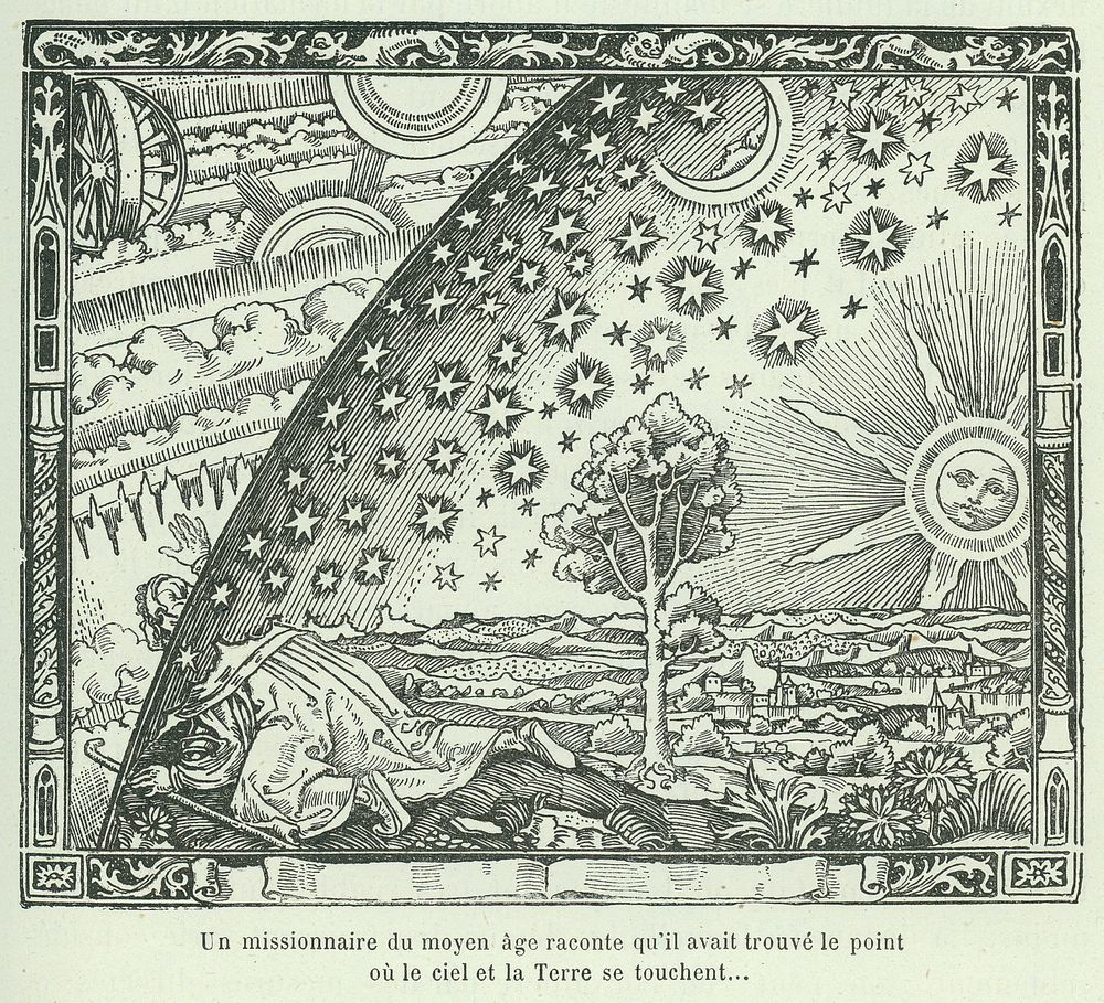 The Flammarion engraving is a wood engraving by an unknown artist that first appeared in Camille Flammarion's L'atmosphère:…