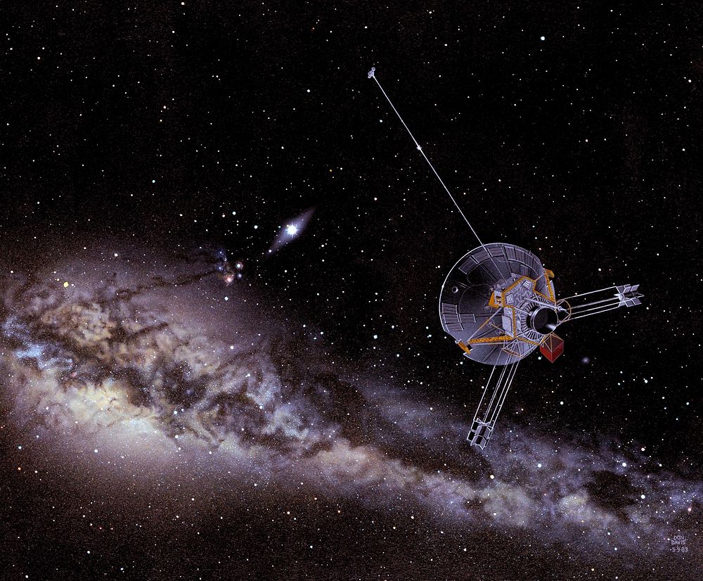 An artist's impression of Pioneer 10 looking back on the inner Solar while on its way to interstellar space.