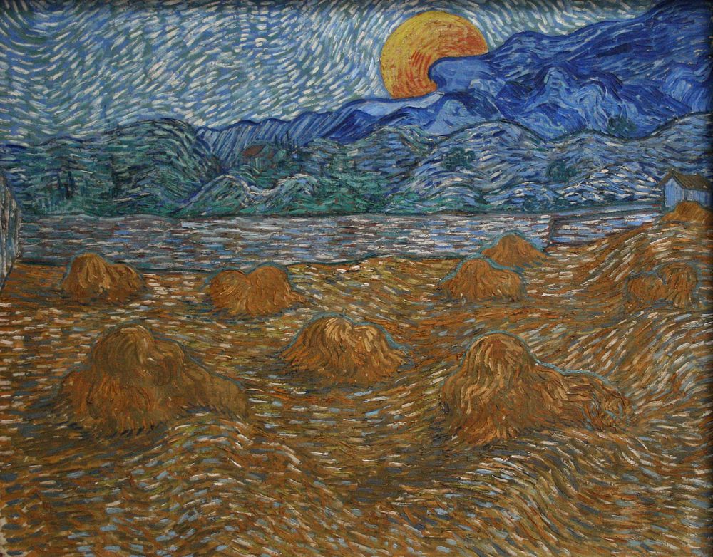 Landscape with wheat sheaves and rising moon; nl: Landschap met korenschelven en opkomende maan (1889) by Vincent van Gogh