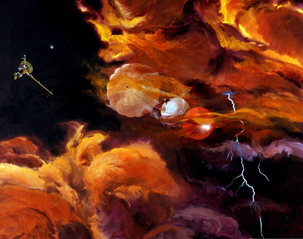 An artist's impression of the Galileo probe descending into Jupiter's atmosphere.The probe was the first to sample the…