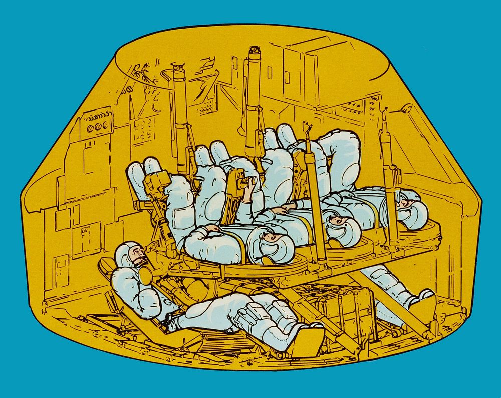 An artist's concept illustrating a cutaway view of the general arrangement of the Skylab Rescue Command Module (CM). The…