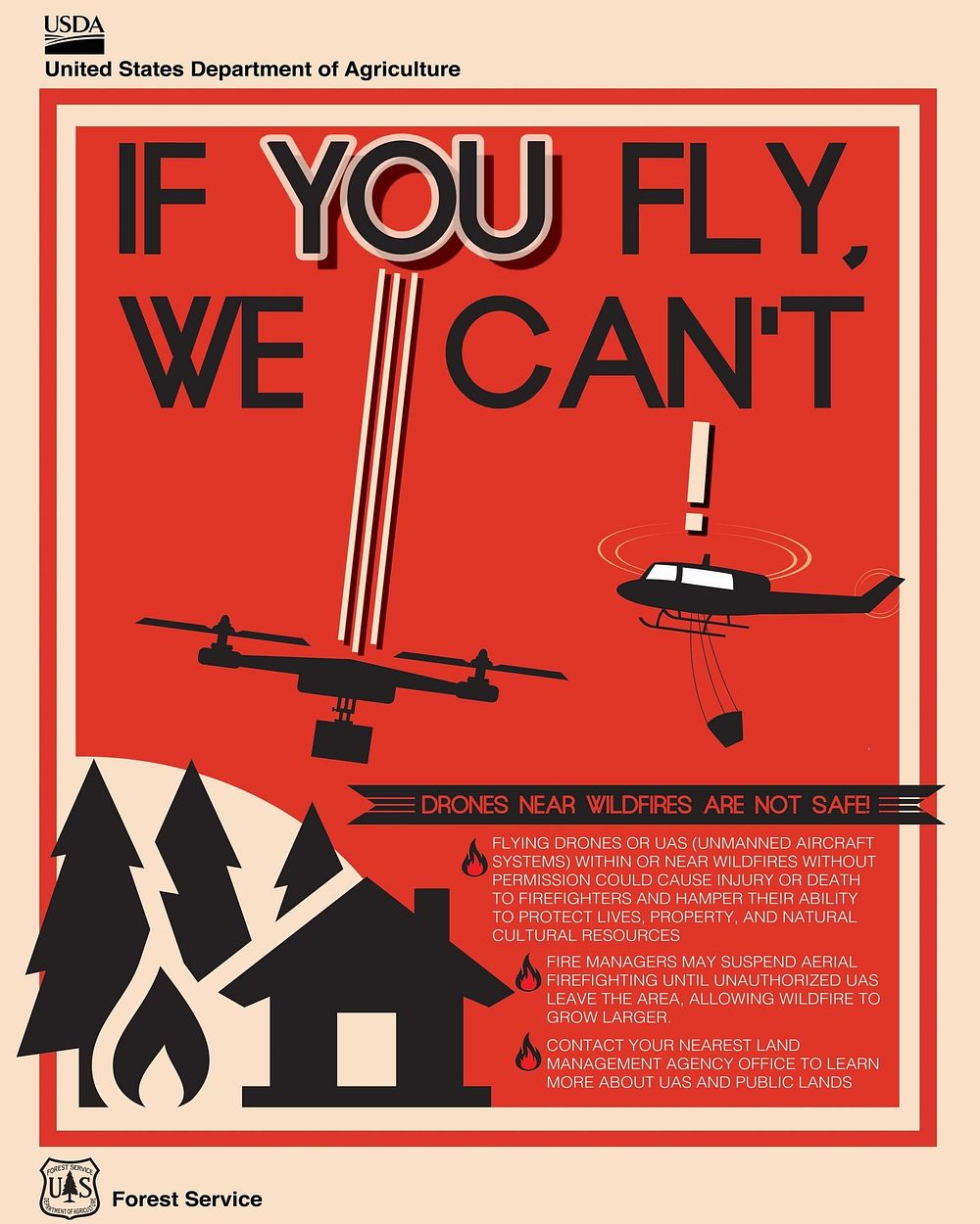US Department of Agriculture poster warning about the risks of flying drones near wildfires