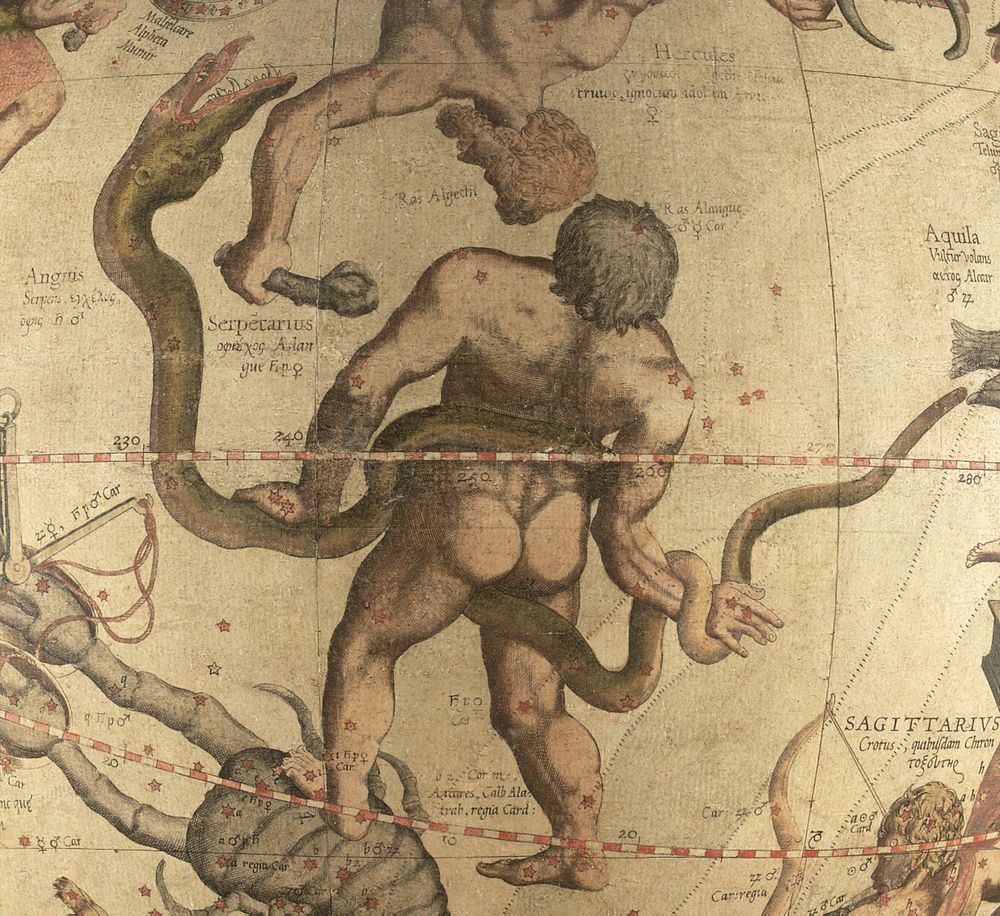 Ophiucus and Serpens constellations from the Mercator celestial globe.
