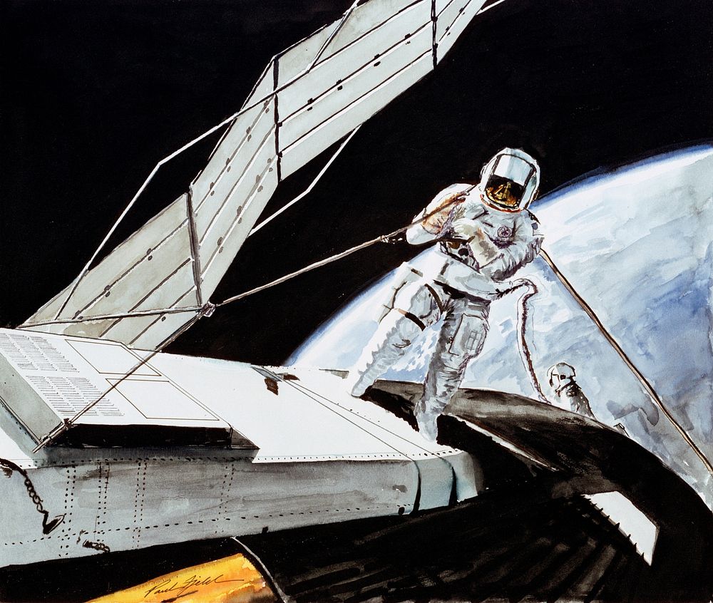 S73-27508 (6 June 1973) --- An artist's concept showing astronaut Charles Conrad Jr., Skylab 2 commander, attempting to free…