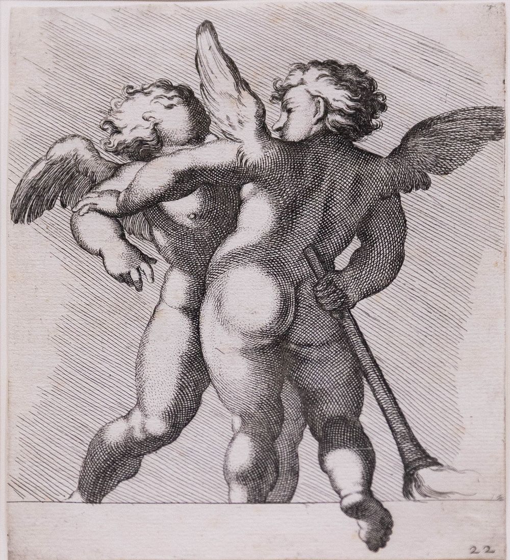 Eros and Anteros with palm-leaf shaped torch, engraving from Carlo Cesio, after Annibale Carracci, um 1657, Galleria…