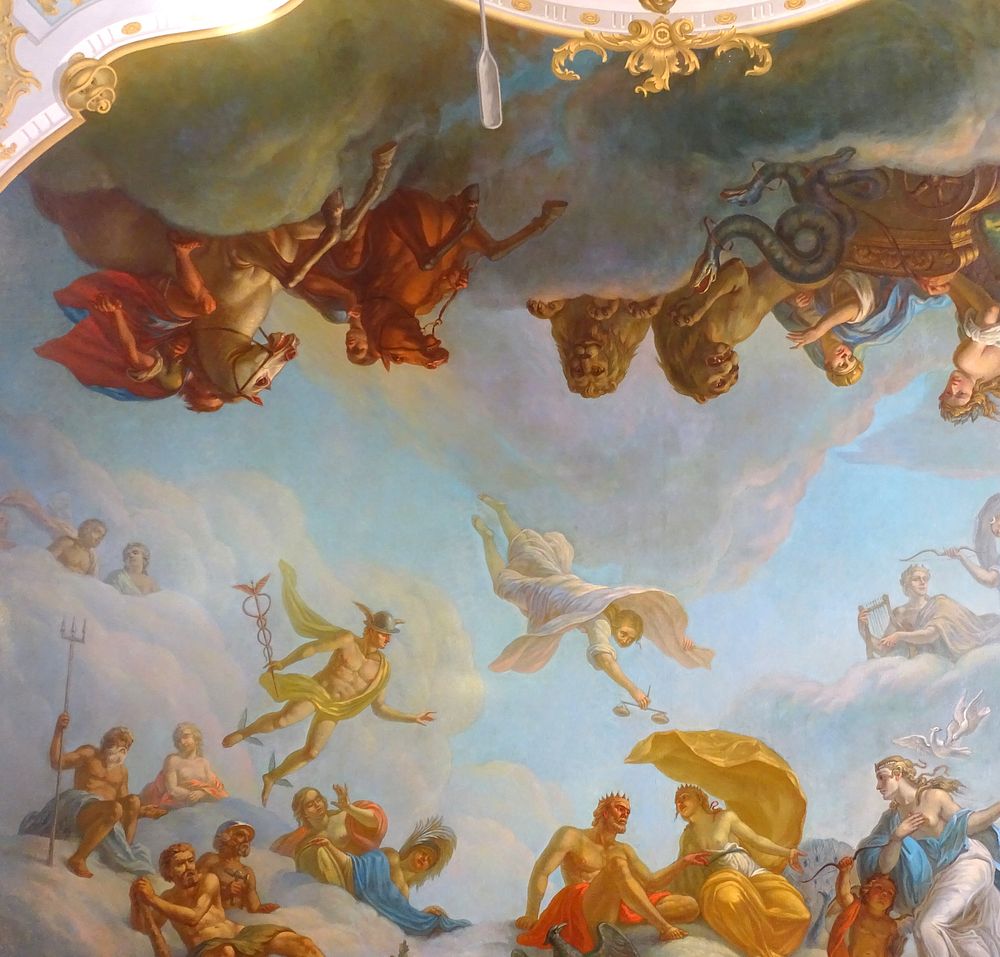 Detail of the ceiling on the front staircase at Catherine Palace Tsarskoje Selo (Pushkin), Russia.