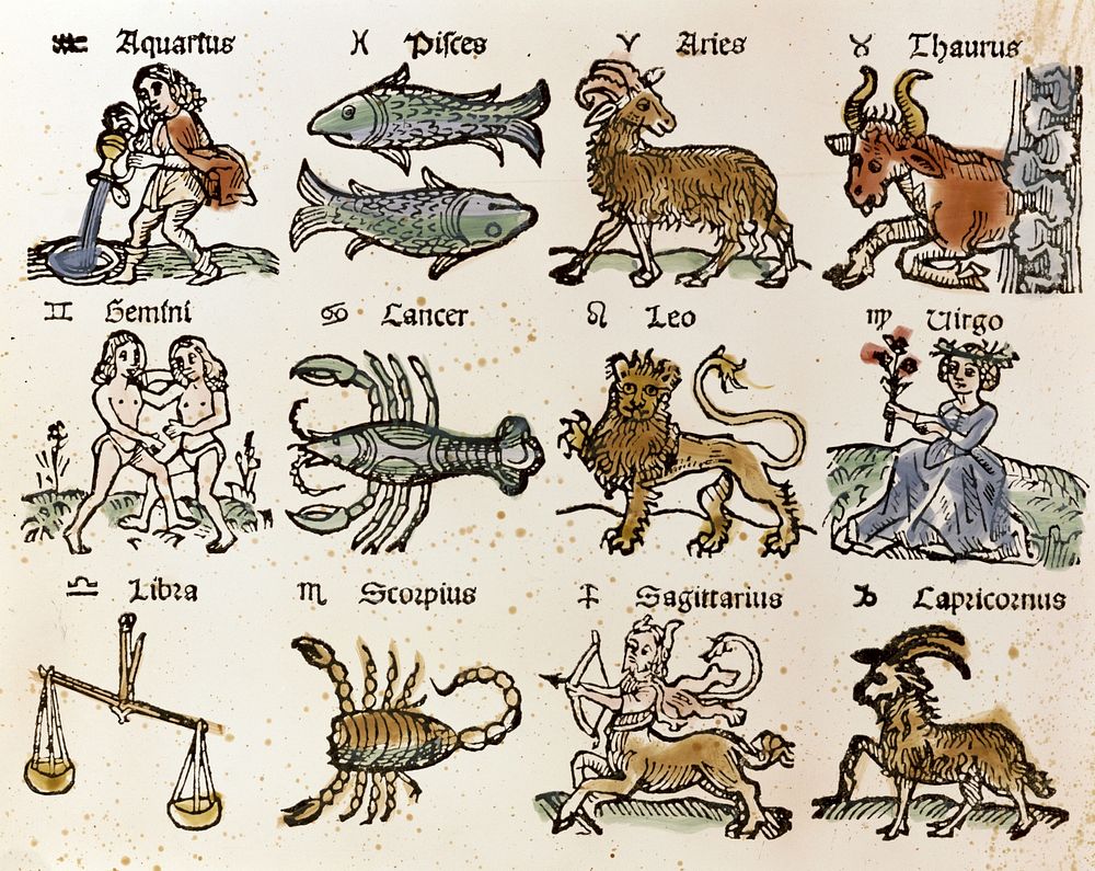 A 16th century German woodcut print of the twelve signs of the zodiac