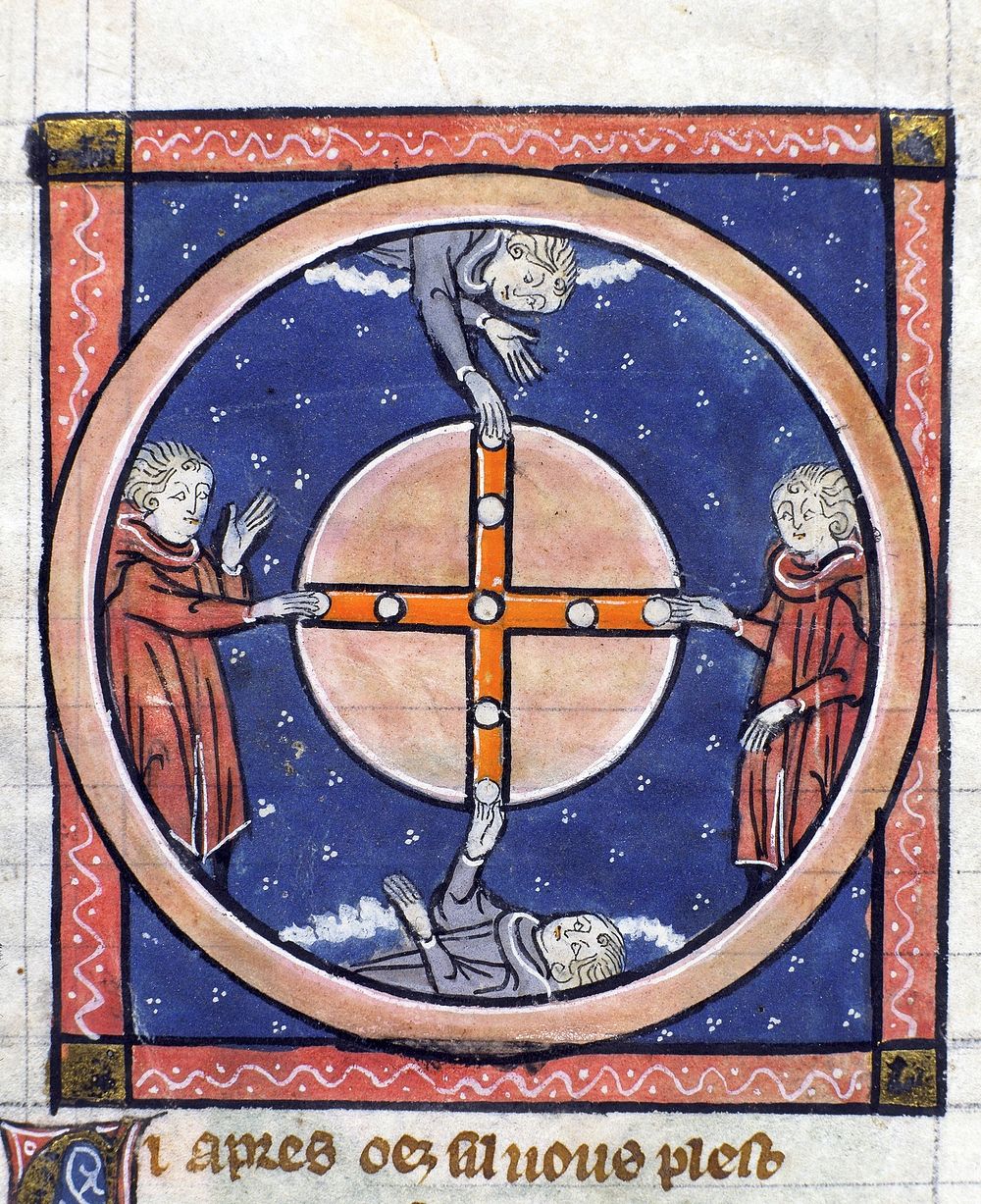 Démonstration de la gravité, Image du monde, enluminure de "Maître de Thomas de Maubeuge". Vers 1304