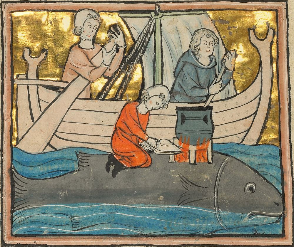 13th-century whale art detail, from- A Fisherman on the Back of a Whale -  (cropped)