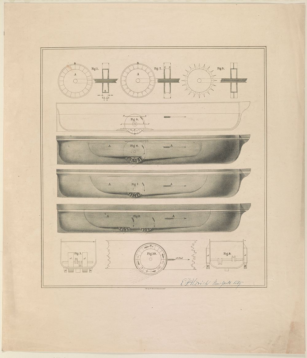 Design drawings for paddle wheel steamer  lith, 2 Spruce St. N.Y. (1842) by N. Currier