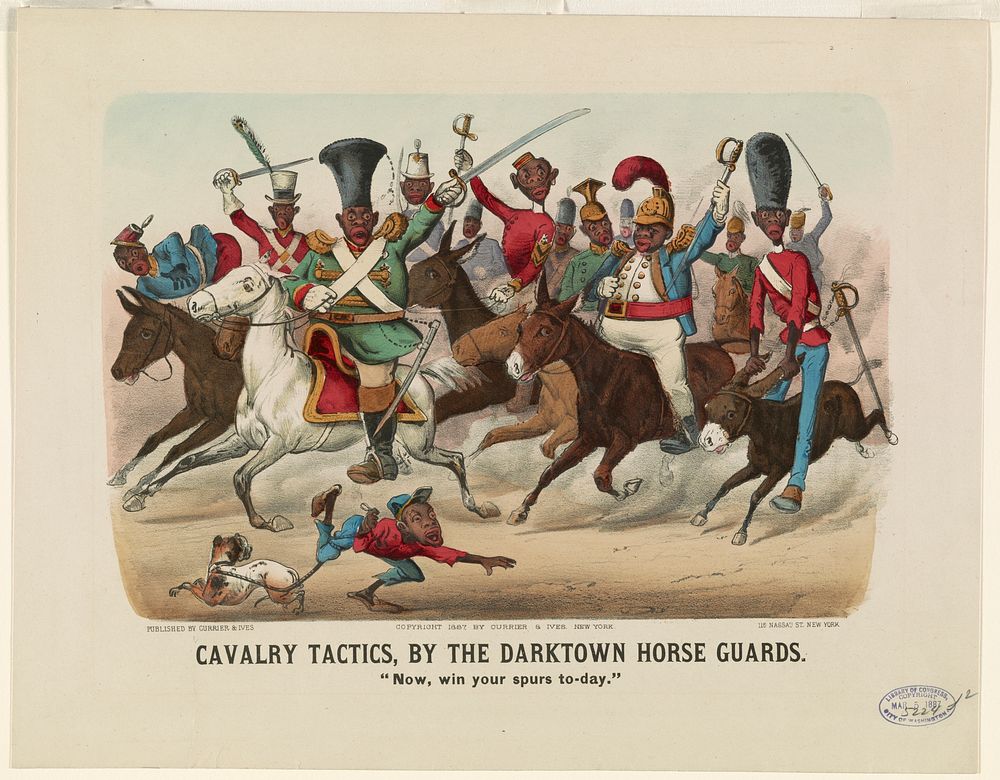 Cavalry tactics, by the darktown horse guards: "Now, win your spurs to-day." (1887) by Currier & Ives.
