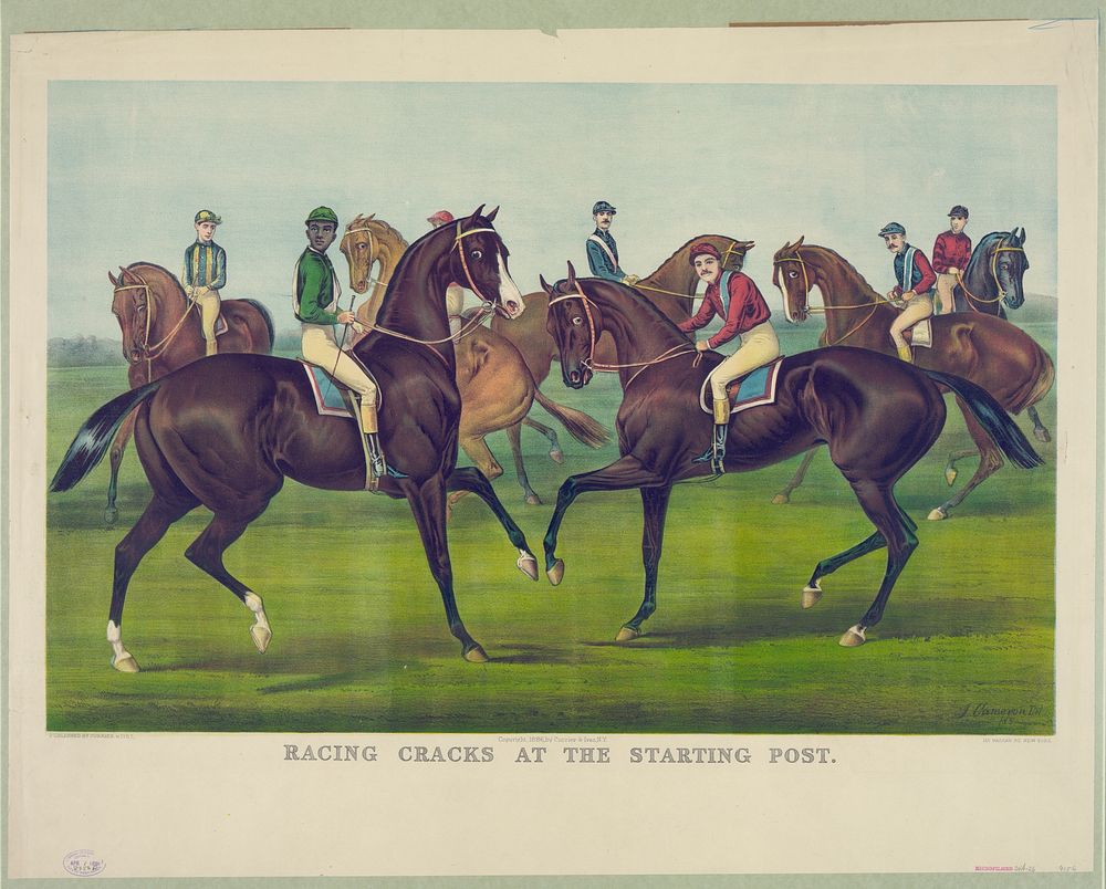 Racing cracks at the starting post (1886) by Currier & Ives