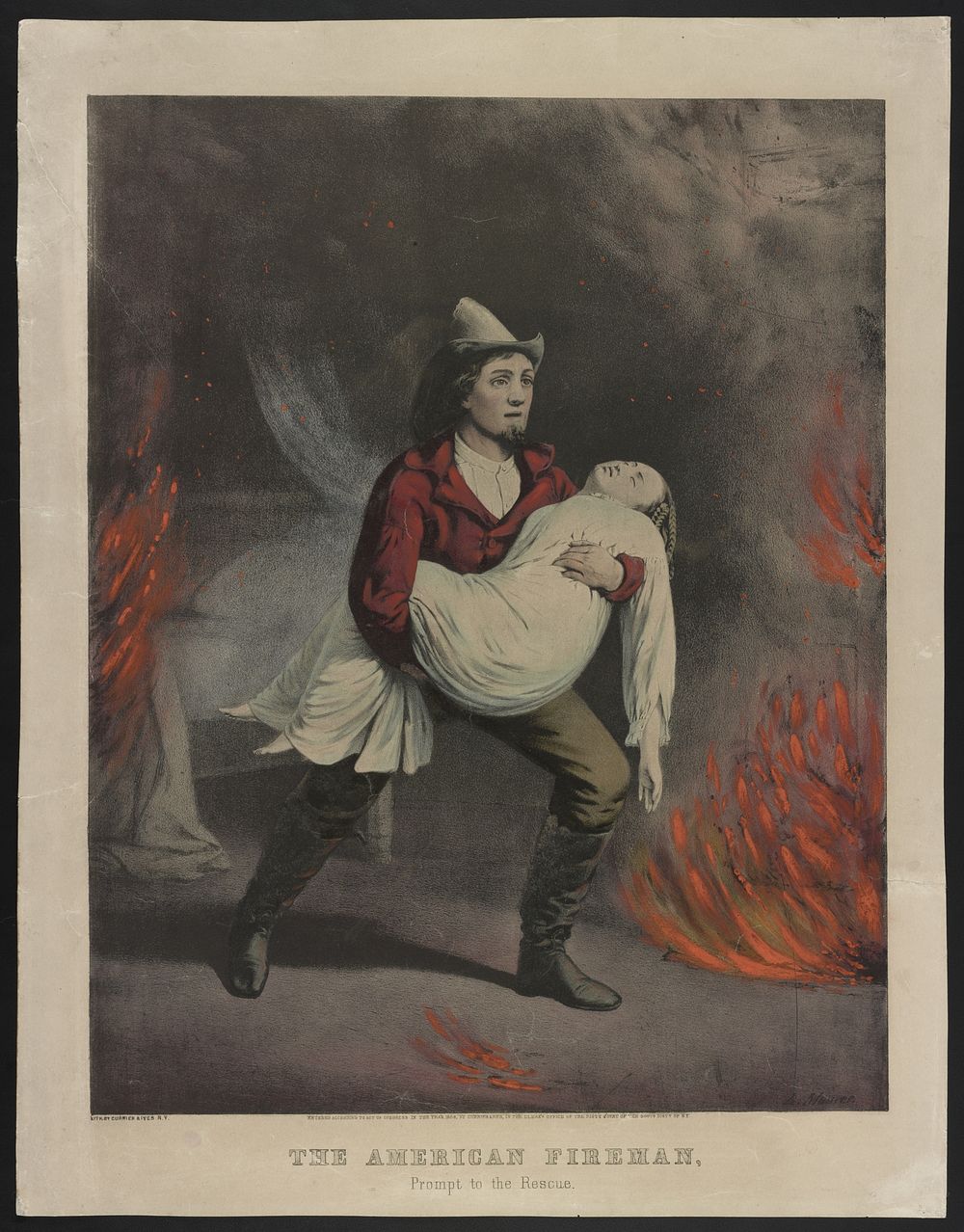 The American fireman: prompt to the rescue (1858) by Currier & Ives