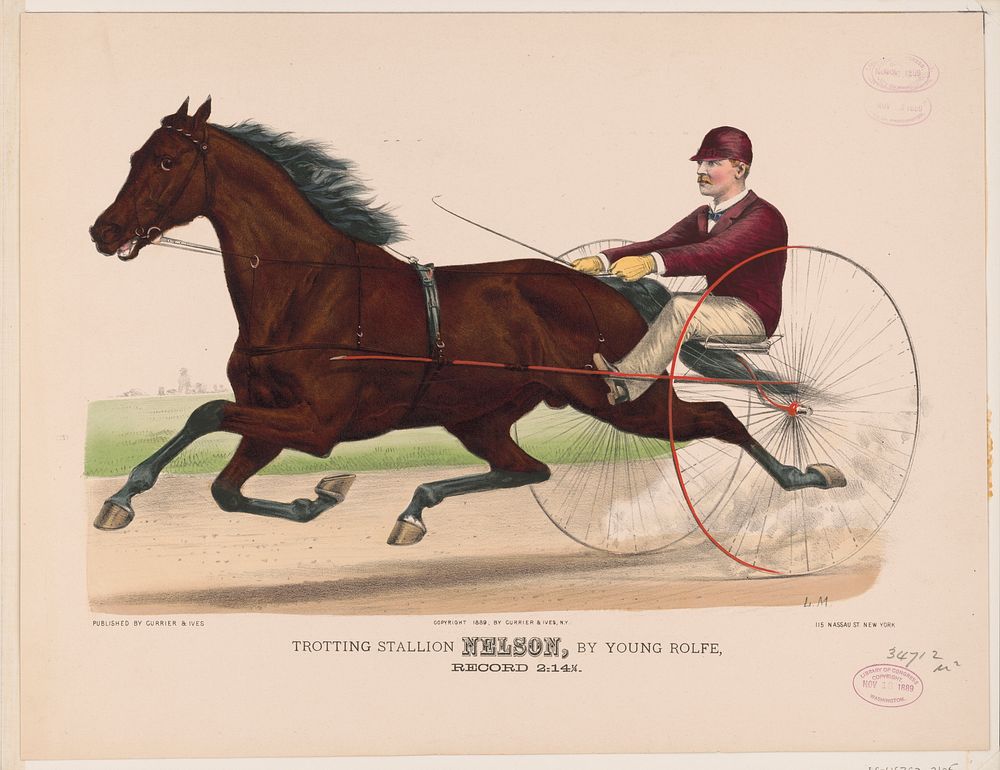 Trotting stallion Nelson, by Young Rolfe: record 2:14 14 (1889) by Currier & Ives.