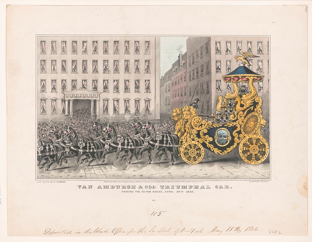 Van Amburgh & Cos. triumphal car: passing the Astor House, April 20th. (1846) by N. Currier