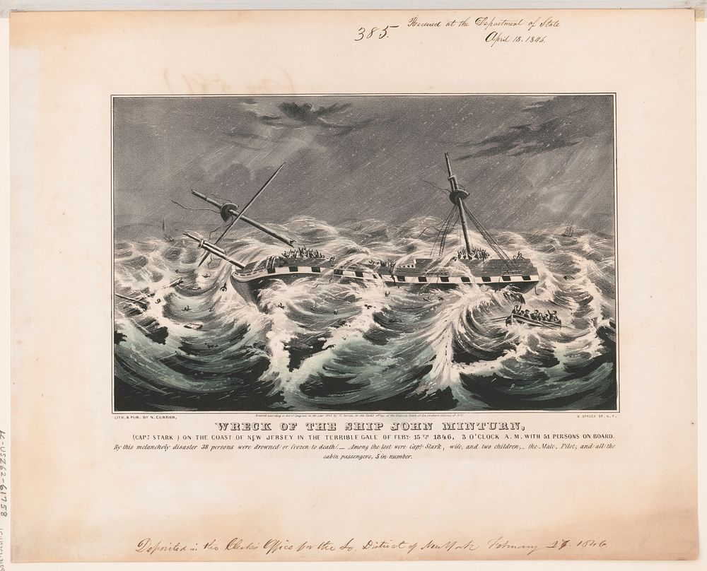 Wreck of the ship John Minturn: (Capt. Stark) on the coast of New Jersey in the terrible gale of Feby. 15th. 1846, 3 o'clock…