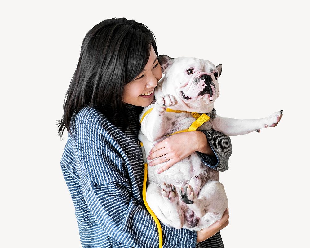 Woman hugging her dog, isolated image