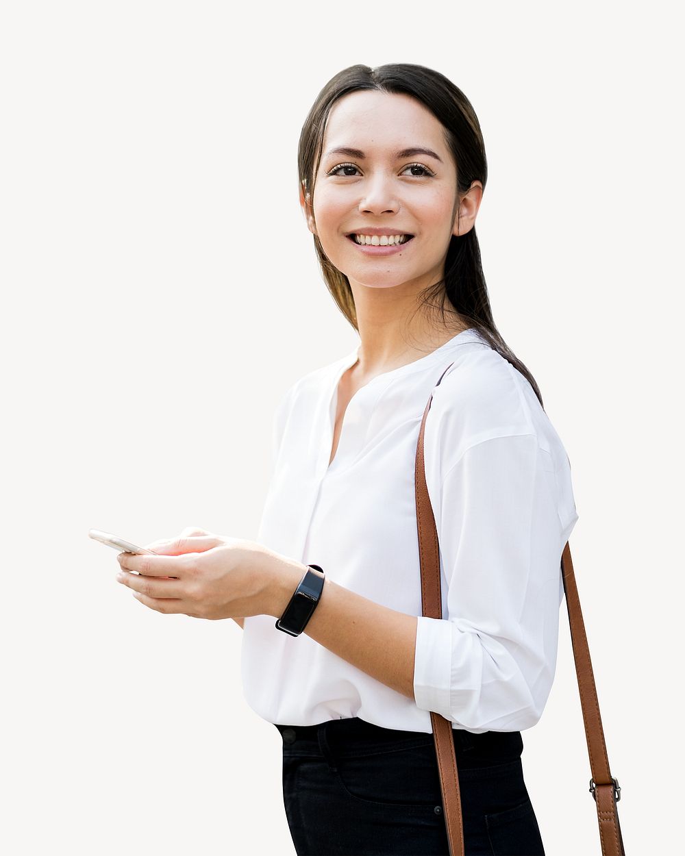 Businesswoman holding smartphone, isolated image