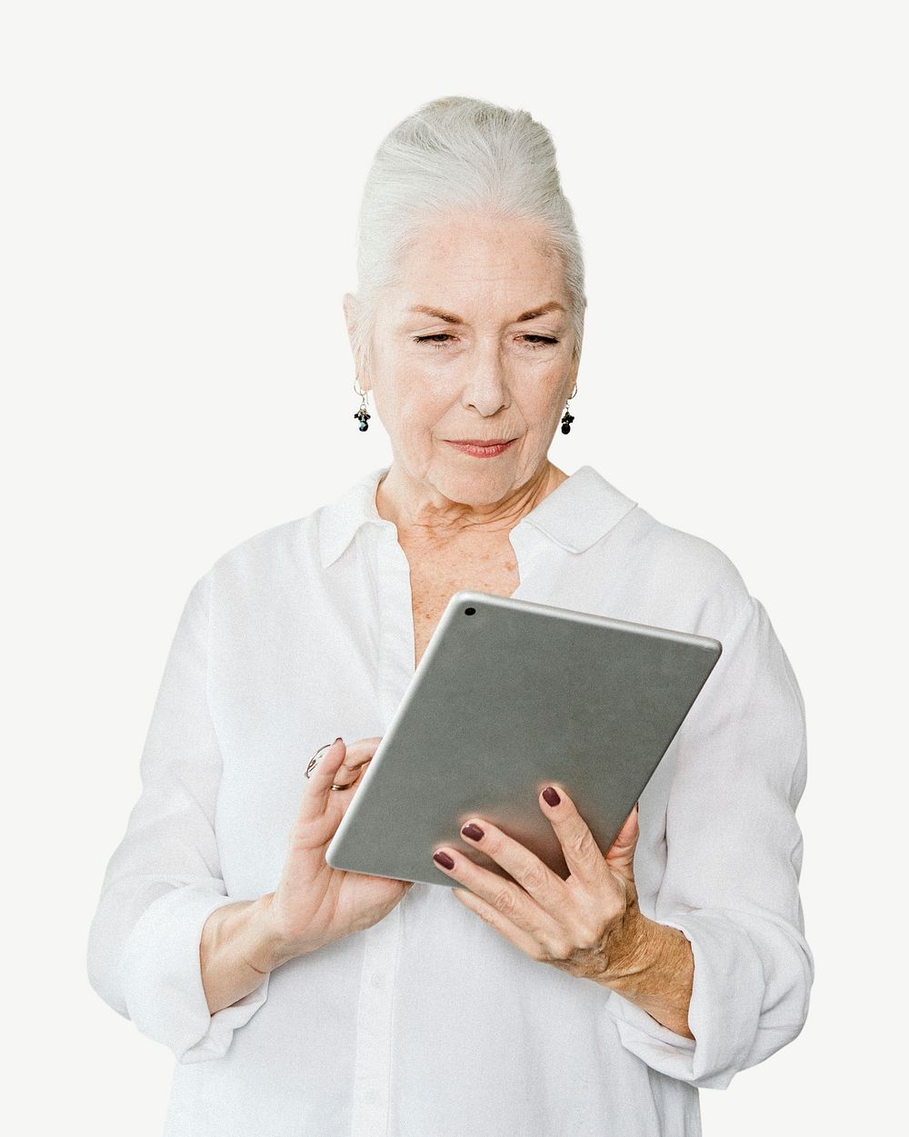 Senior woman using tablet isolated