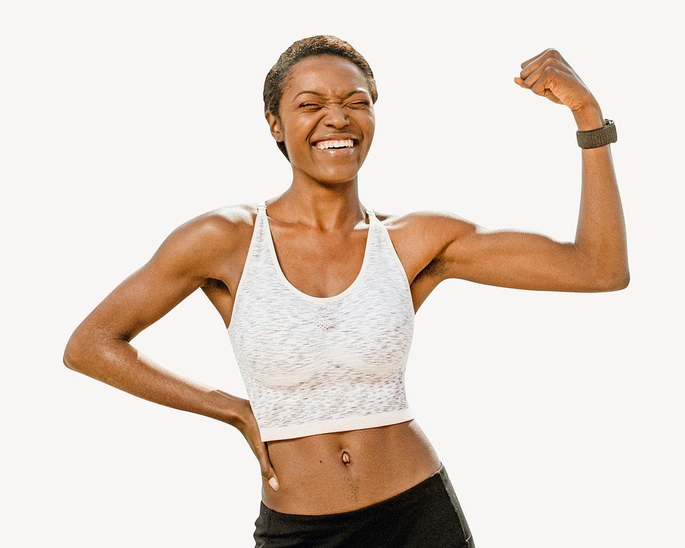 Happy black woman flexing isolated image on white