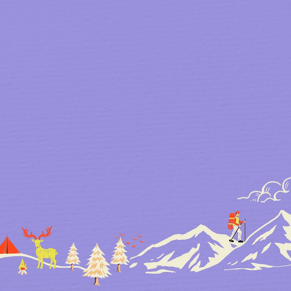 Winter travel purple background, retro illustration