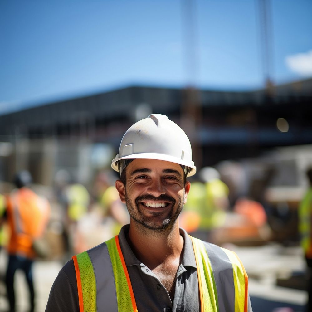 Construction worker working portrait hardhat helmet. 