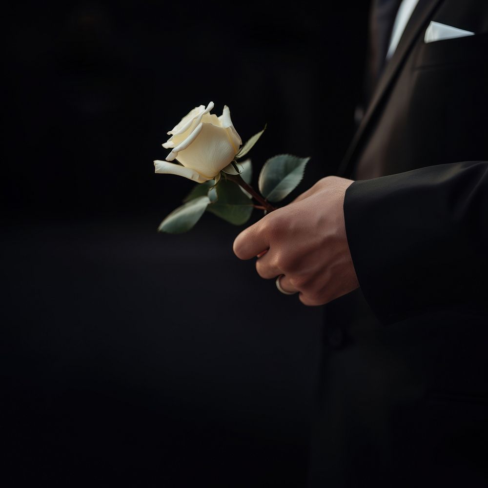 photo of hand in suit put white rose on a funeral casker.  