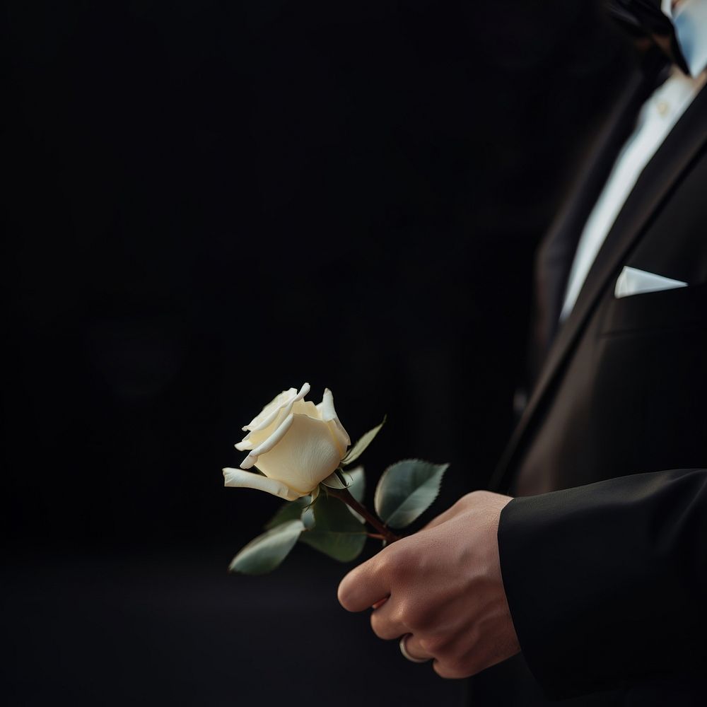 photo of hand in suit put white rose on a funeral casker.  