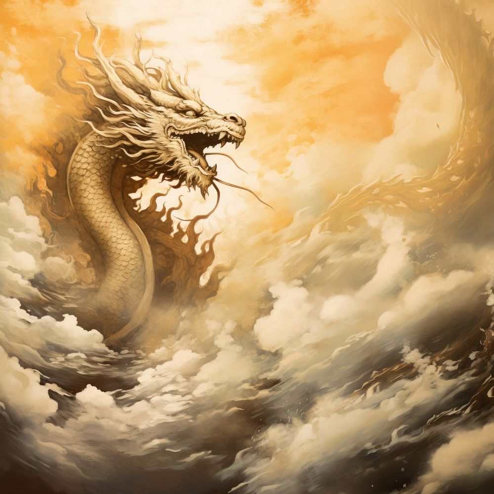 Chinese dradon flying in golden sky. .