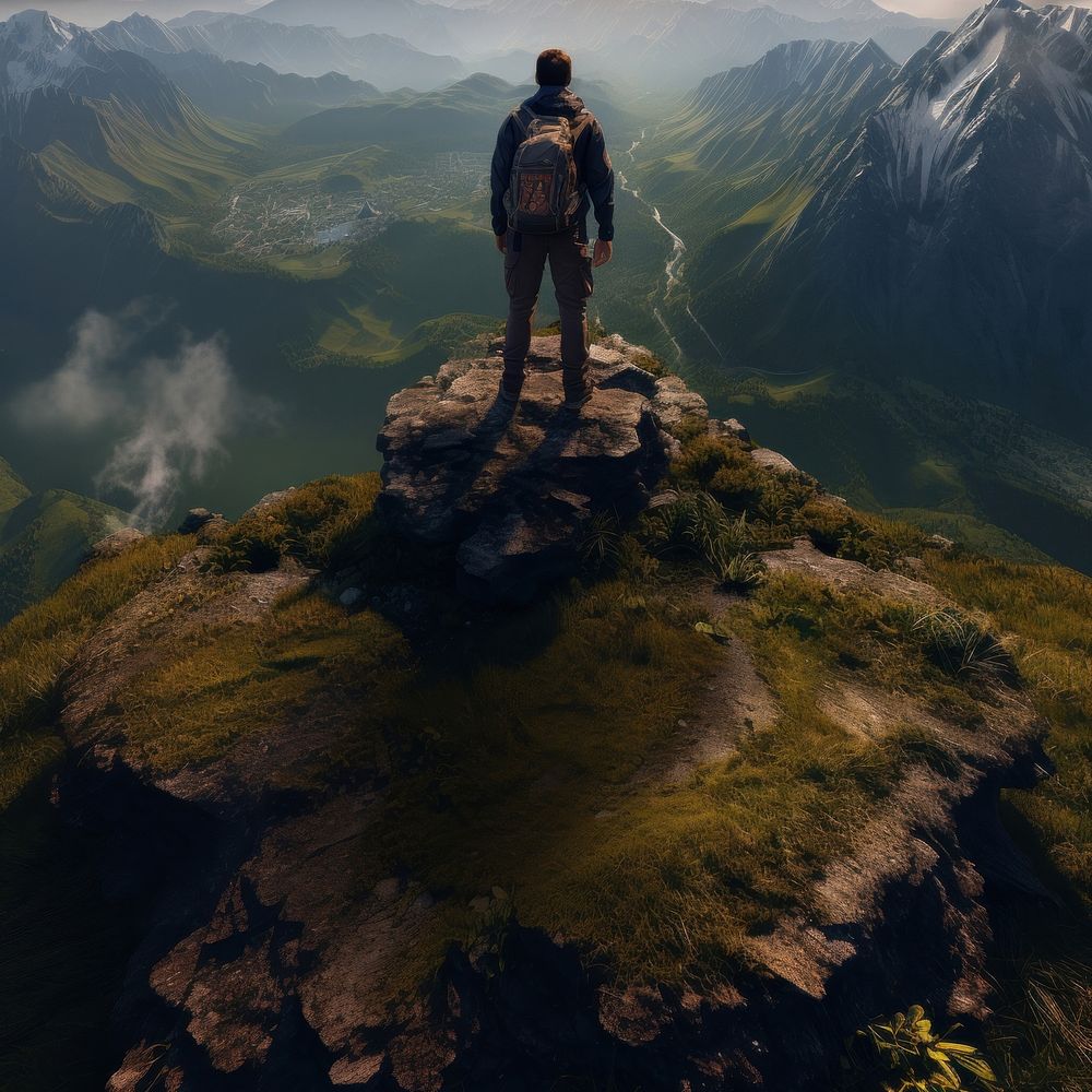 Photo of a backpacker on the top of the mountain.  