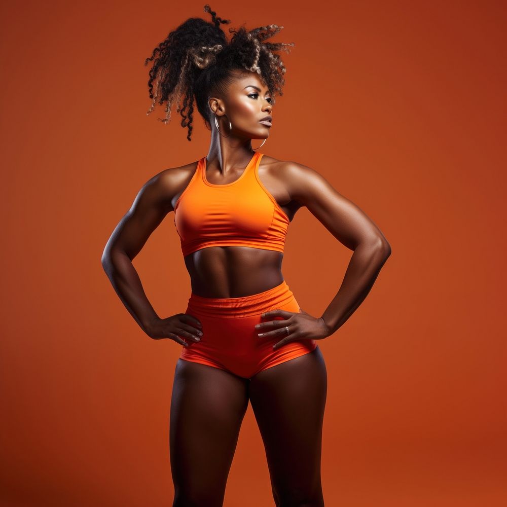 Sporty mixed-race african woman Doing Fitness swimwear portrait bikini. 