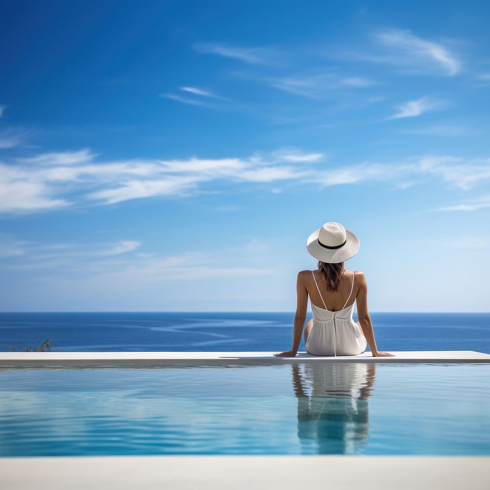 Woman sitting by the pool. 