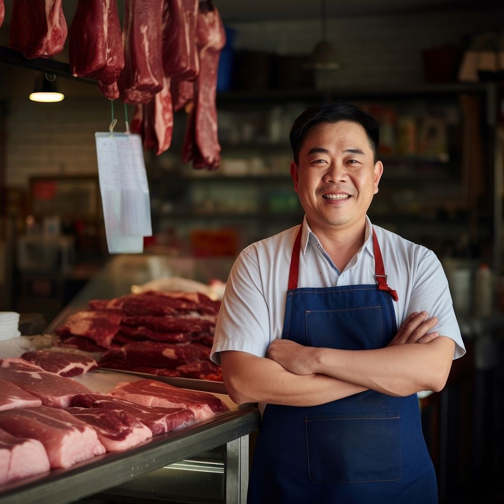 photo of local meat shop asian happy owner in front, natural light. AI generated Image by rawpixel. 