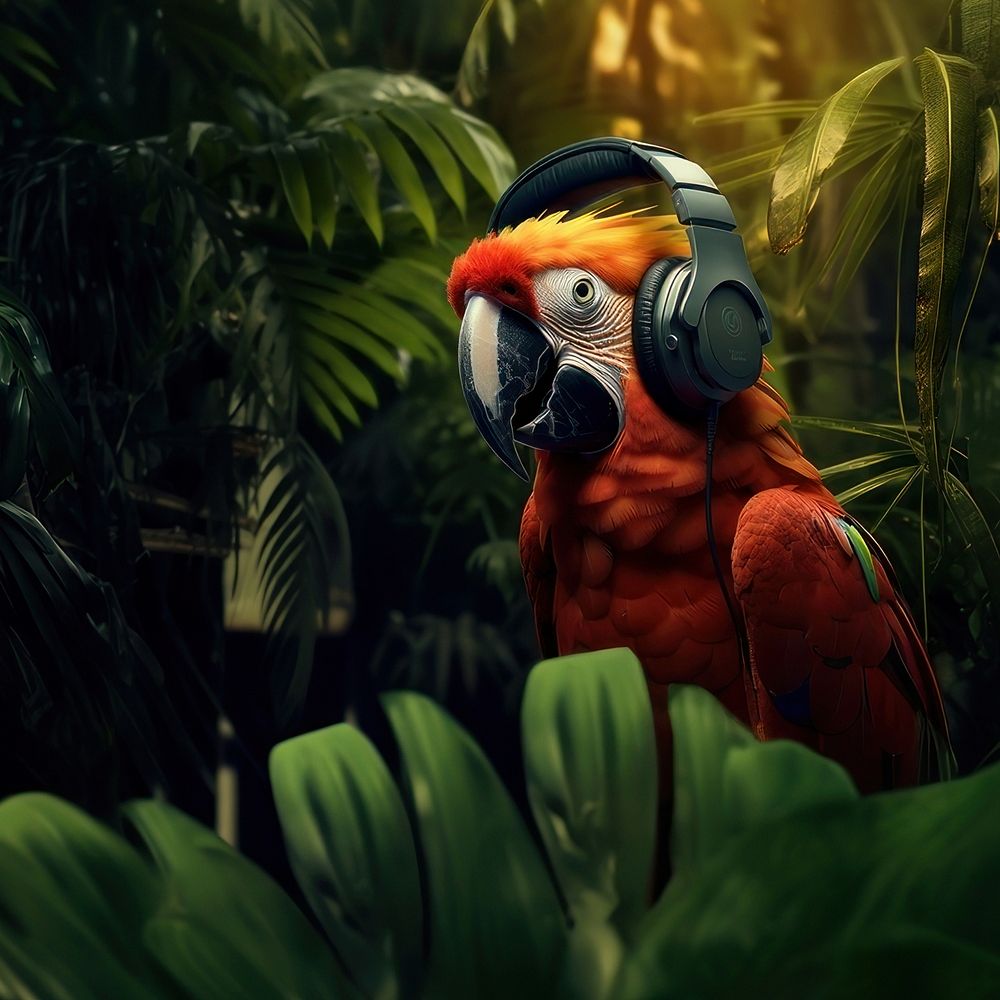 photo of parrot wearing headphone on the branch, space, photorealistic, raw image. AI generated Image by rawpixel. 