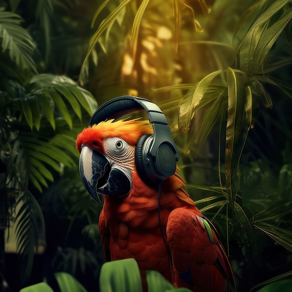 photo of parrot wearing headphone on the branch, space, photorealistic, raw image.  