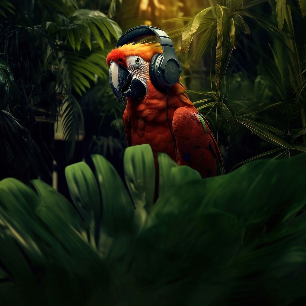 photo of parrot wearing headphone on the branch, space, photorealistic, raw image. AI generated Image by rawpixel. 