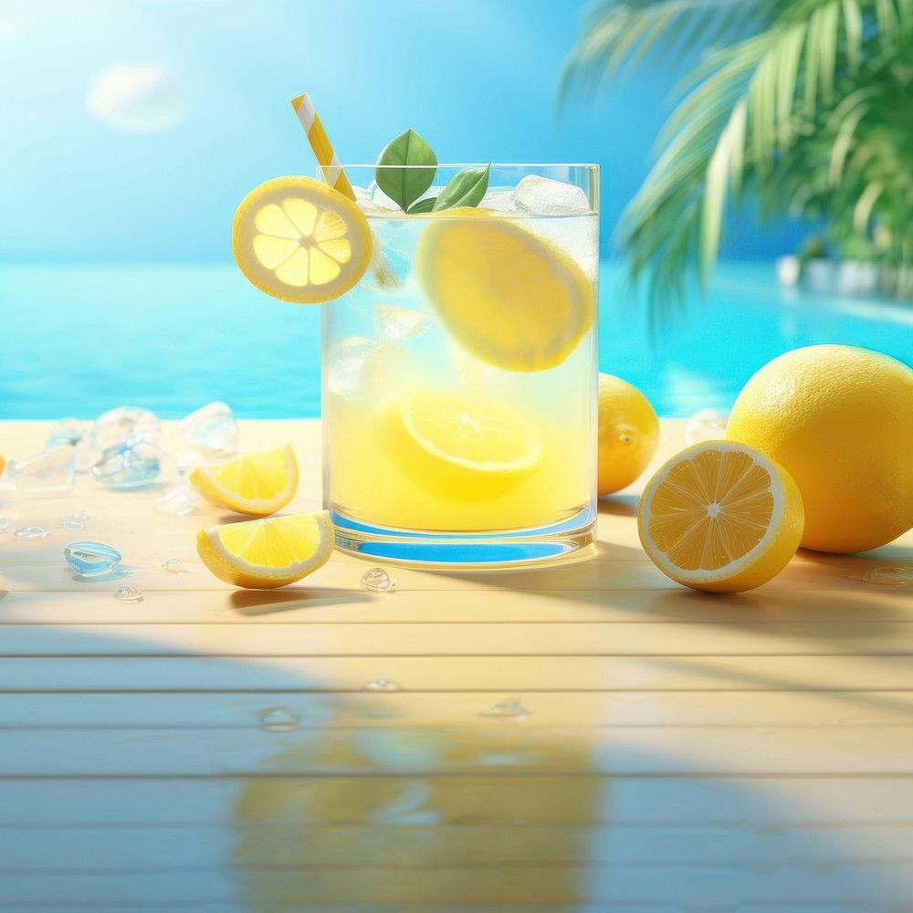 Scene of 3d illustration lemonade, summer, whole lemonade in swimming pool, clean backgrounds.  