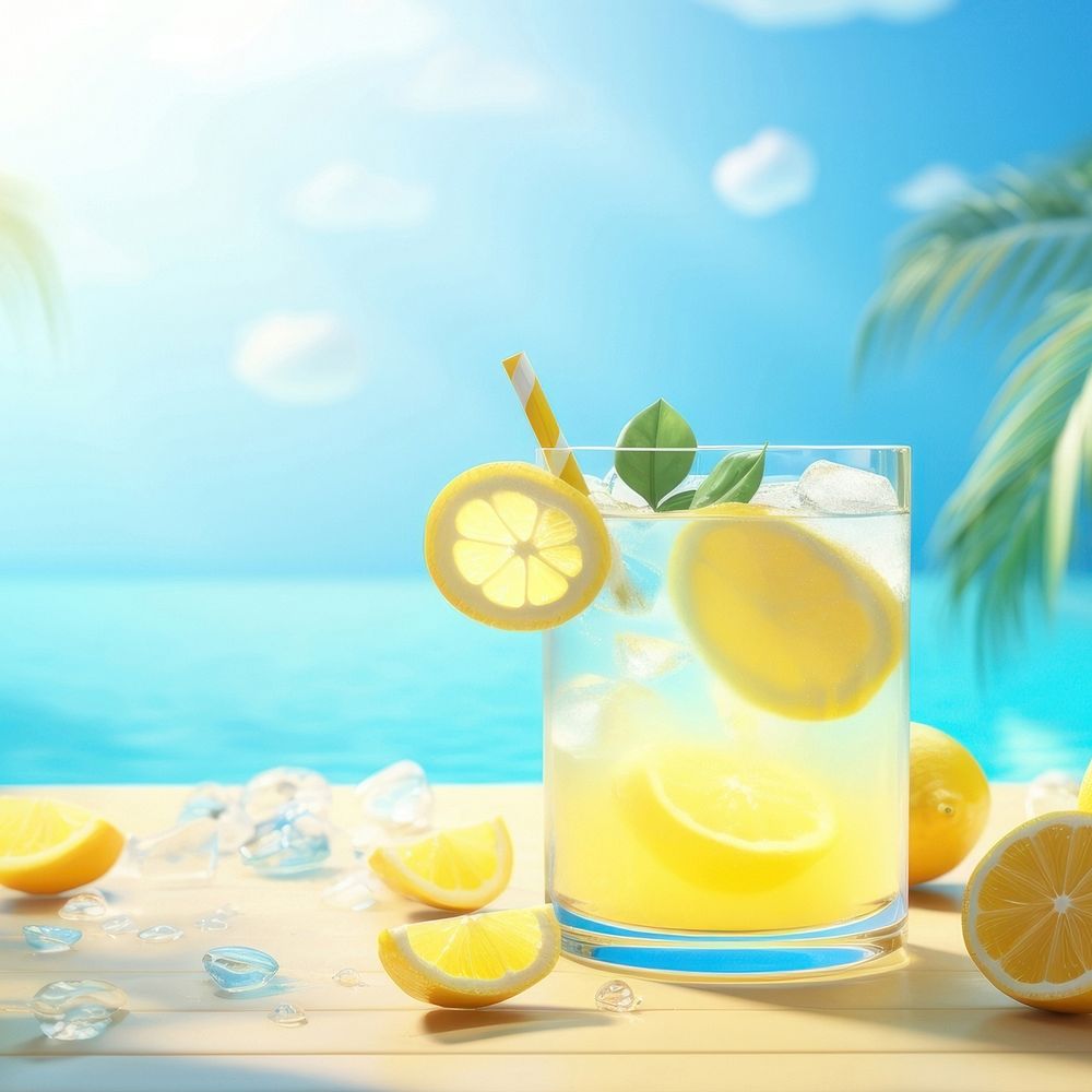 Scene of 3d illustration lemonade, summer, whole lemonade in swimming pool, clean backgrounds. AI generated Image by…