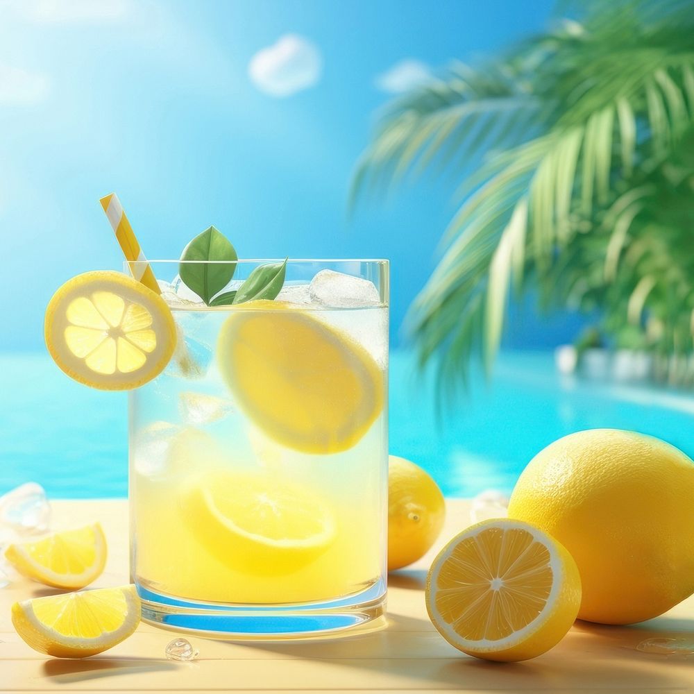 Scene of 3d illustration lemonade, summer, whole lemonade in swimming pool, clean backgrounds. AI generated Image by…