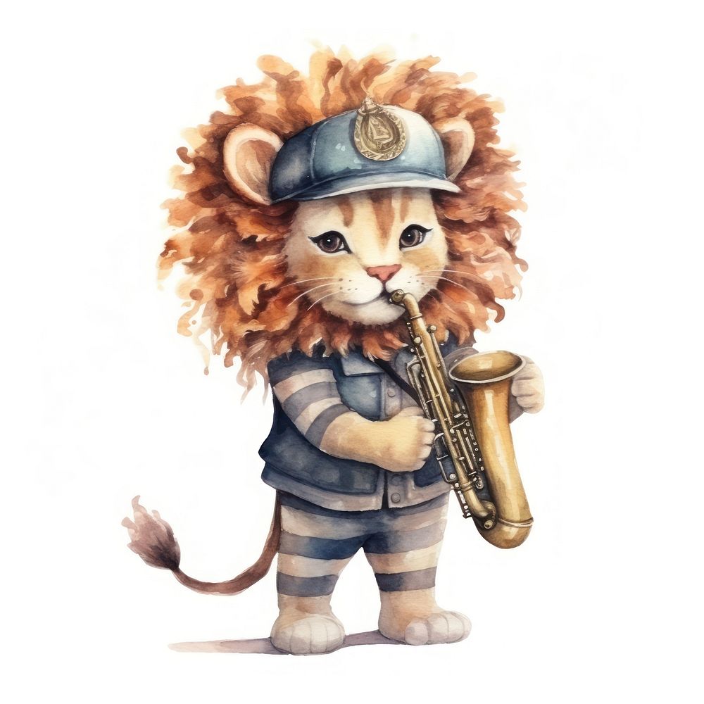Lion playing saxophone cute white background representation. AI generated Image by rawpixel.