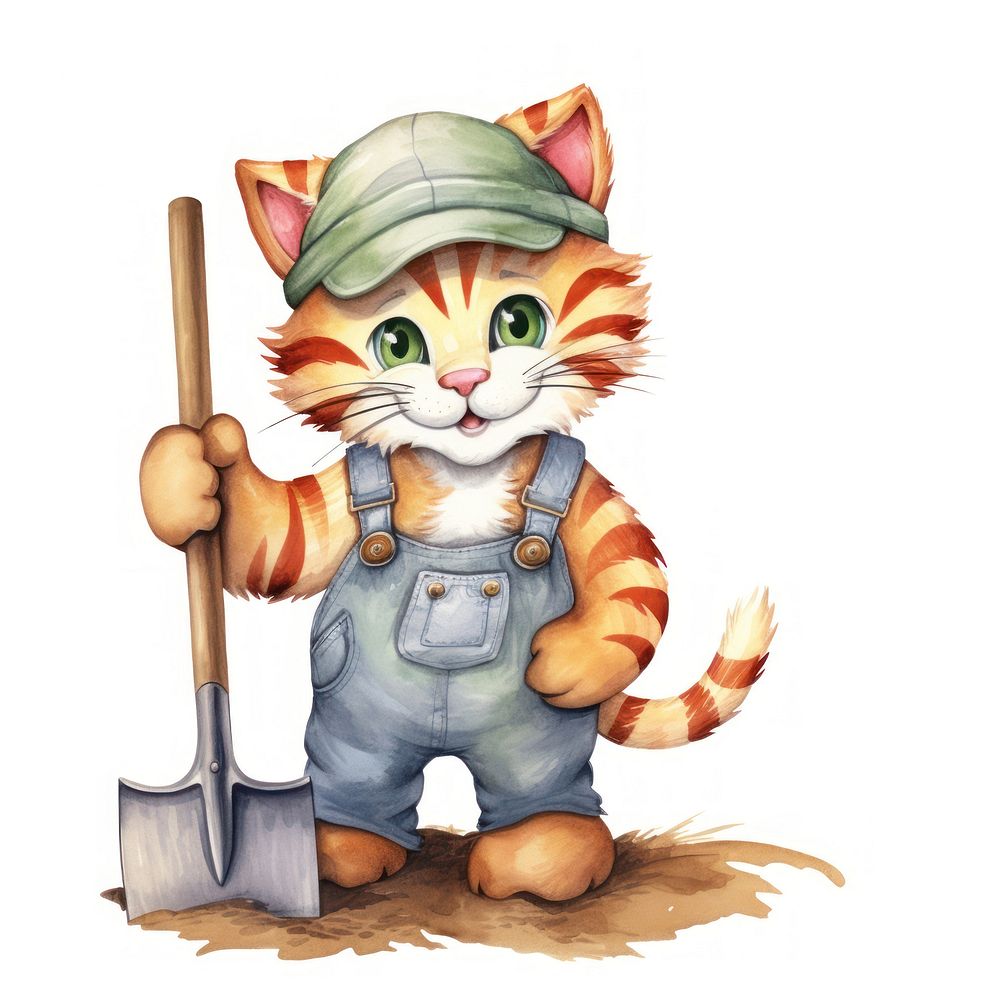 Baby cartoonish tiger farmer holder farmer hoe animal white background representation. AI generated Image by rawpixel.