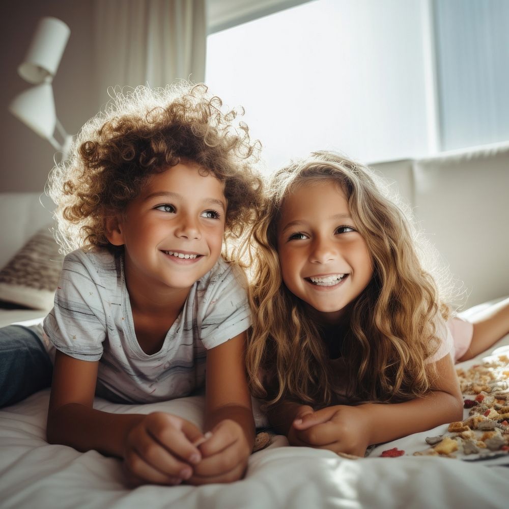 Smiling children lying in bed. .