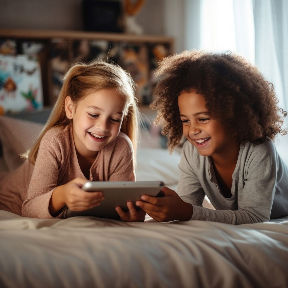 Smiling children lying in bed. 