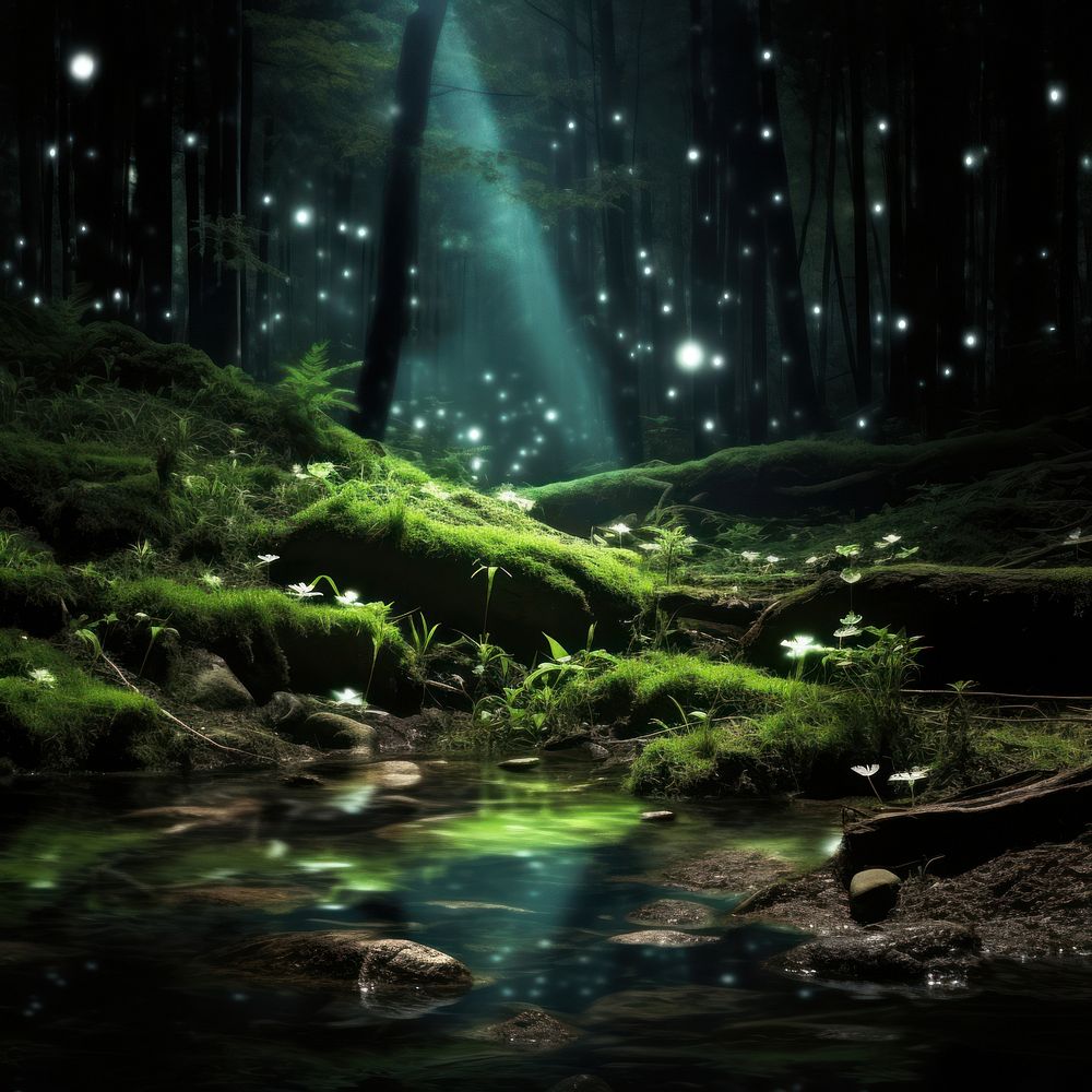Forest forest night light. AI generated Image by rawpixel.